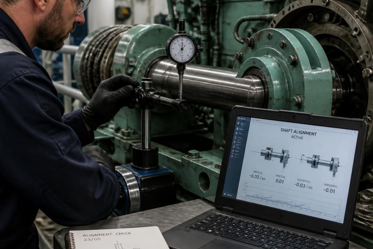 A dial indicator mounted on a propulsion shaft during an alignment check