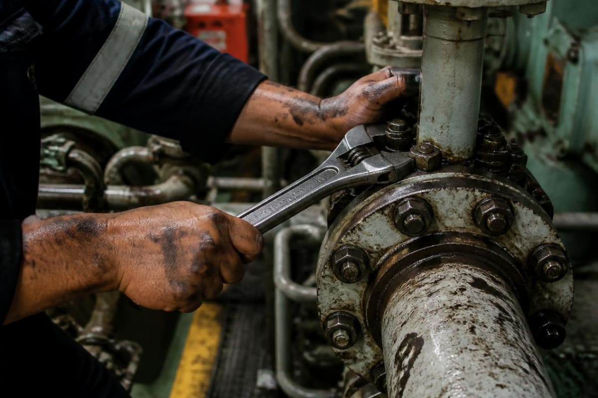 Hands turning a wrench on a bolted pipe flange in an engine room