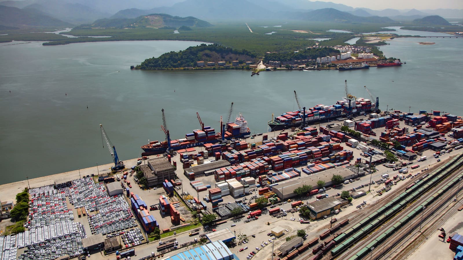 Container terminal and gantry cranes at the Port of Santos, Brazil